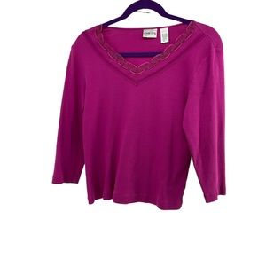 Chicos 1 Med) Fushia Color V Neck Pullover Crochet Detail Neckline Top